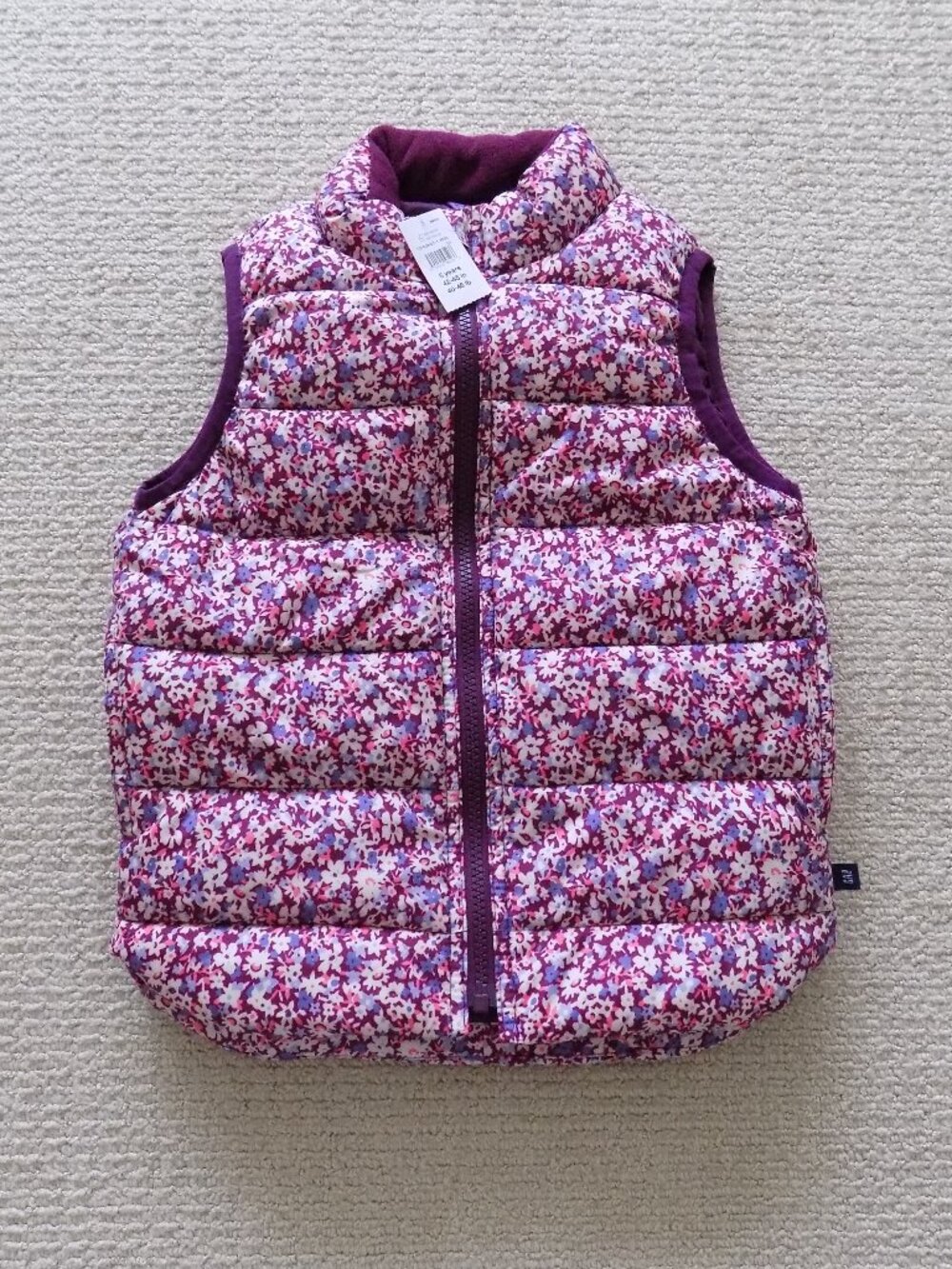 NEW BABY GAP GIRLS PUFFER VEST JACKET PURPLE FLORAL FLOWERS 5 YEARS